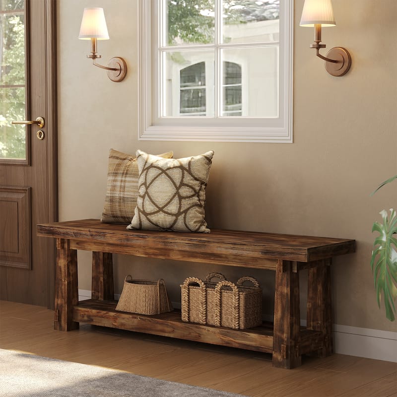 55" Solid Wood Entryway Bench with Shoe Storage, Charred Wood Grain