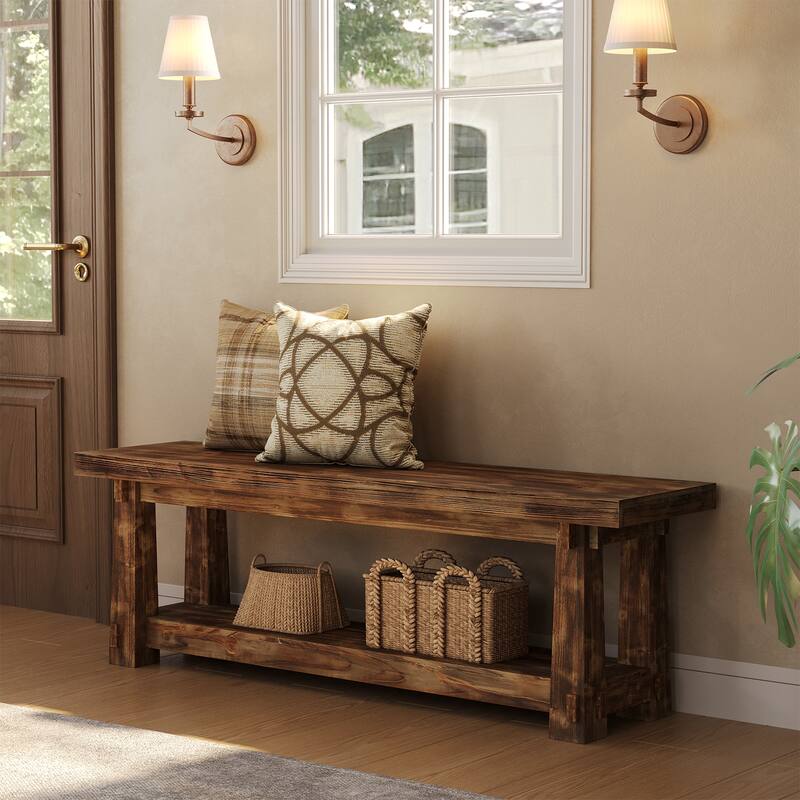 55 Inch Entryway Bench with Shoe Storage, All Solid Wood Bench - 55.12" W x 13.78" D x 18.11" H