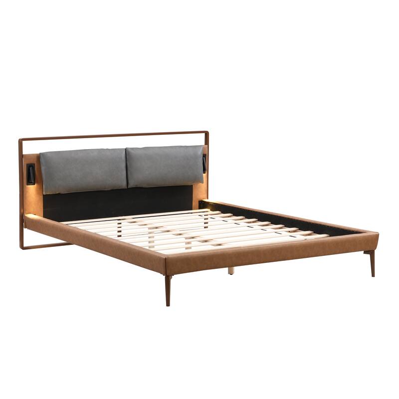 Roomfitters Faux Leather Platform Bed Frame with Integrated Reading Lamps and Wood Slats, Brown and Grey