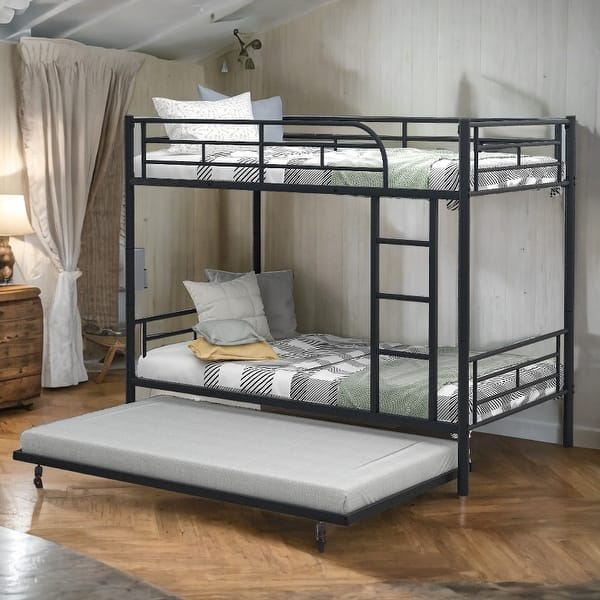 slide 2 of 58, Artsy Twin-Over-Twin Metal Bunk Bed With Trundle, Separate into 2 Twin Beds, Ultimate Space Saver, No Box Spring needed Black