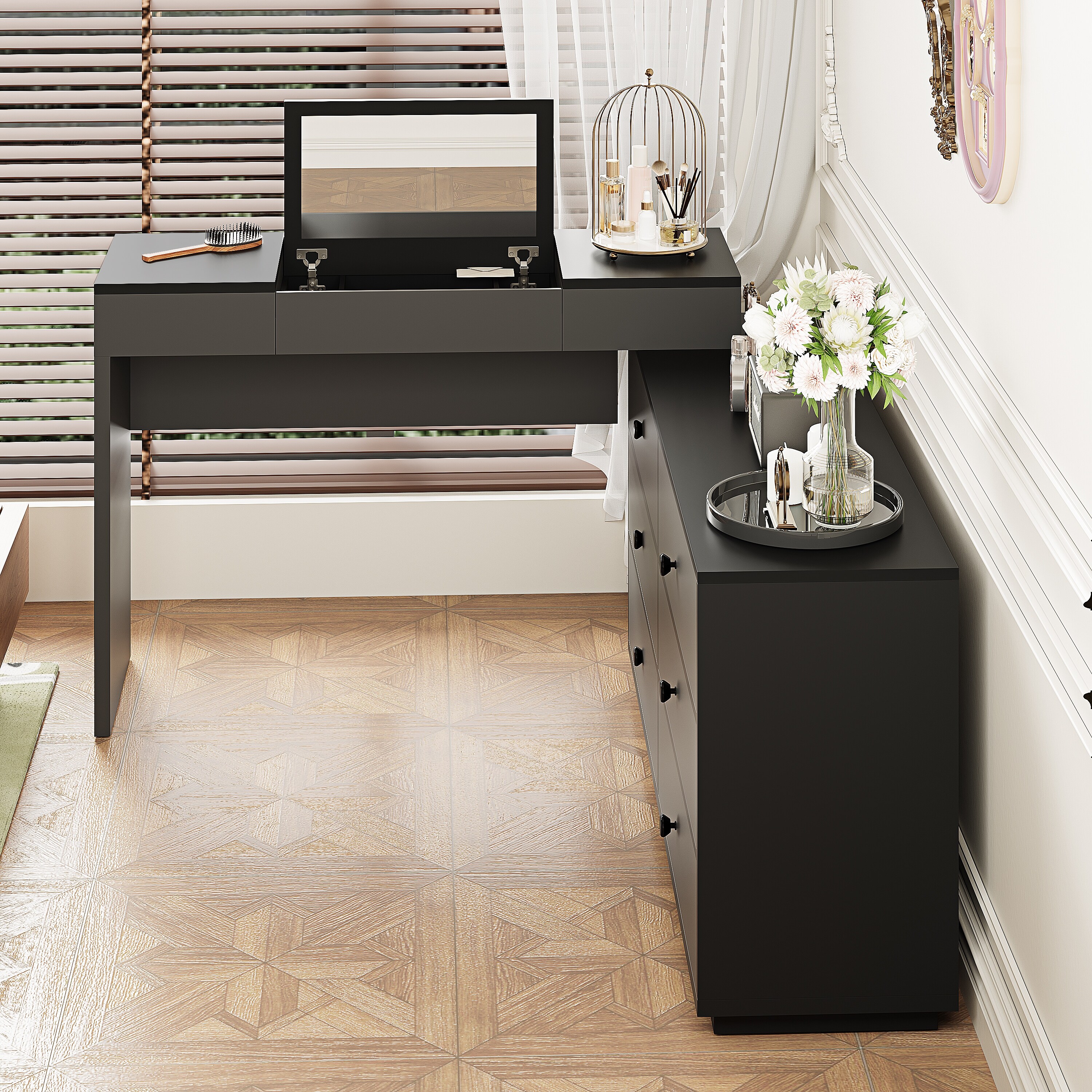 black dresser desk combo Modern Home Office Expandable Dresser Desk Combo with 6 Drawers