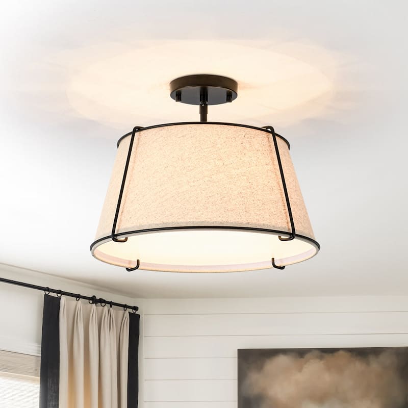 Brass 4-Light Wide Drum Linen Ceiling Light - 17in Mid-Century - Black-Beige Linen