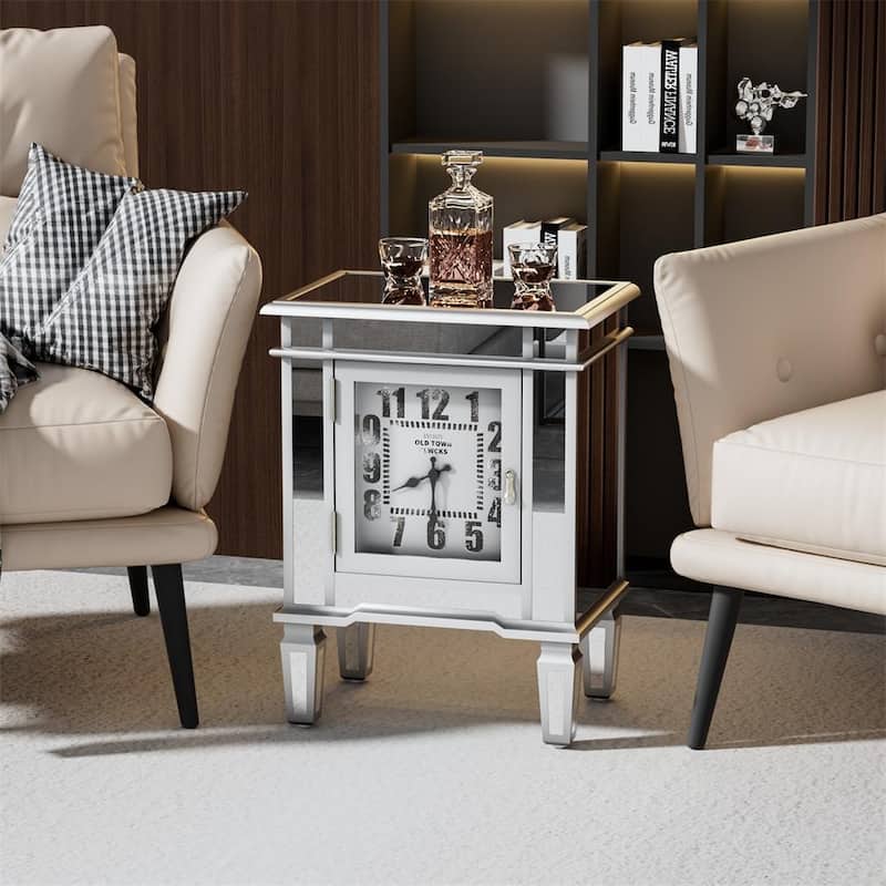 Luxury Clock Mirrored End Side Table, with Clock Display & 1 Door Cabinet Clock Mirrored Cabinet Mirror / Silver for Bedroom