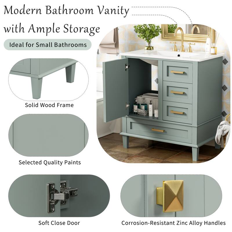 30" Green Bathroom Vanity Set - Modern Sink Cabinet with Soft-Close Door & 3 Drawers, Solid Wood Frame .