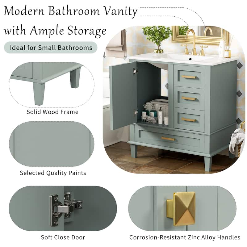 Modern Bathroom Vanity, 30" Freestanding Cabinet with Sink, Bathroom Storage Cabinet with Soft Closing Door and 3 Drawers