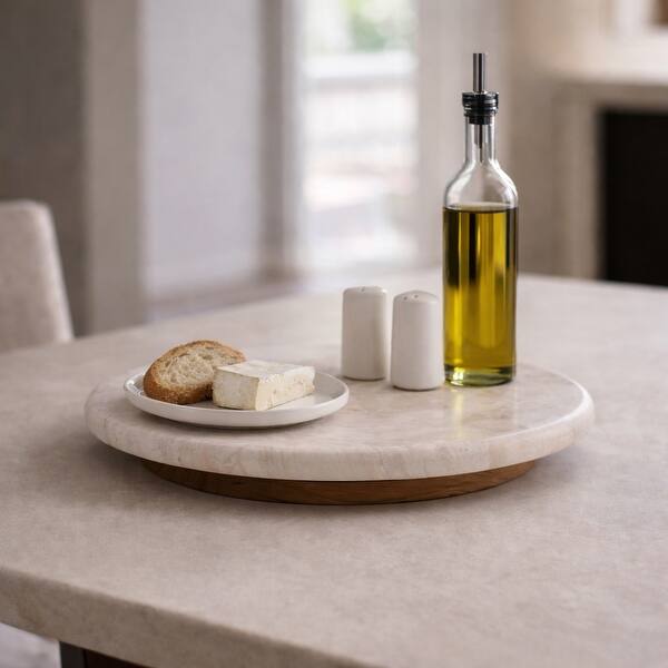 Decorative Tray - Ivory Wood Marble Round Lazy Susan - 16