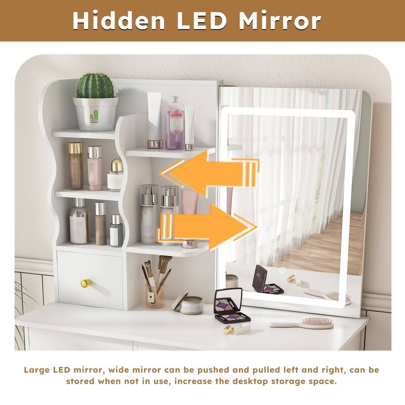 Makeup Vanity Desk with Sliding LED Mirror, 5 Storage Drawers, Touch Control Lighting & Organizer for Bedroom