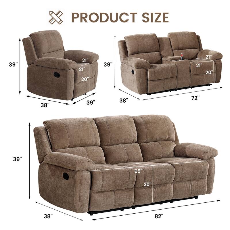 3PC Modern Fabric Manual Recliner Sofa Set, Couch, Loveseat w/Console, Recliner