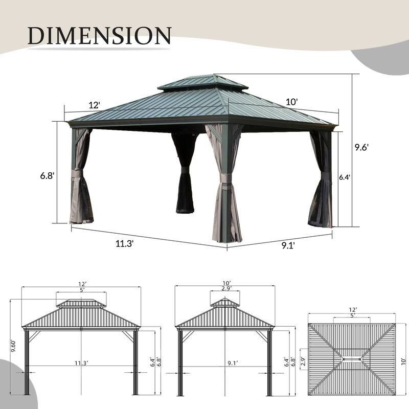 10' X 12' Hardtop Metal Gazebo with Double Roof, Aluminum Frame, Curtains and Netting for Patio, Deck, Garden, Grey