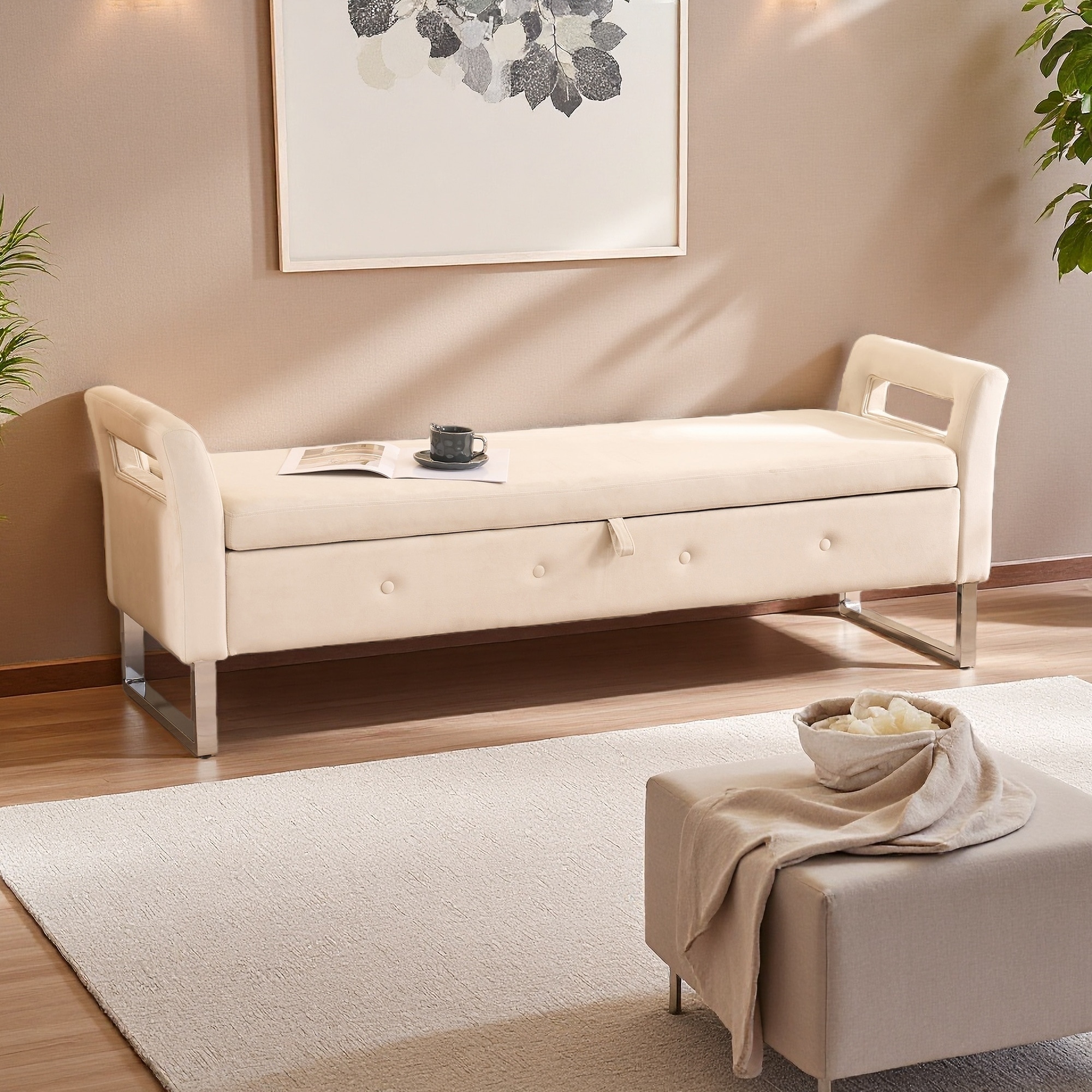 67.9"L Velvet Storage Soft Bench with Armrests, Metal Legs, Hidden Storage, and Foam Padding for Living Room, Entryway, Bedroom