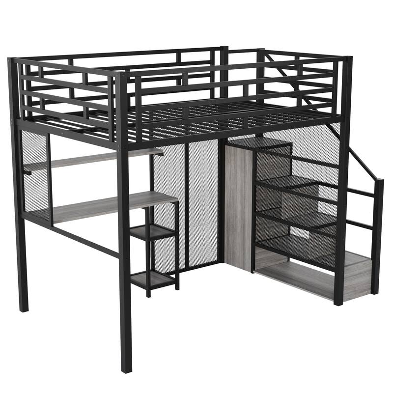 Full Size Metal Loft Bed with Wardrobe, Desk, and Storage Shelves