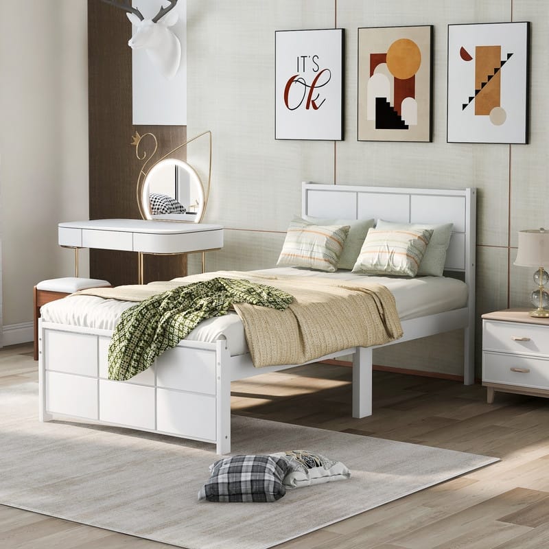 AOOLIVE Platform Bed with Headboard and Footboard, Twin, White