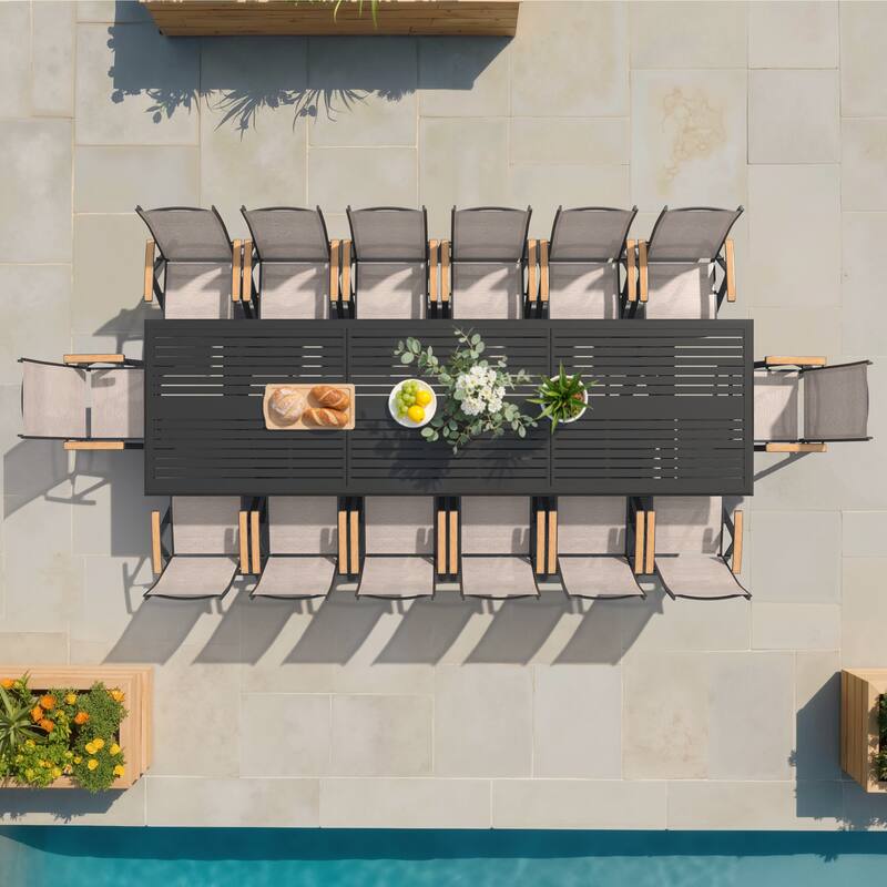 7/9/13/15-Piece Outdoor Patio Dining Set All-weather Aluminum Dining Table with Umbrella Hole and Adjustable Folding Chairs