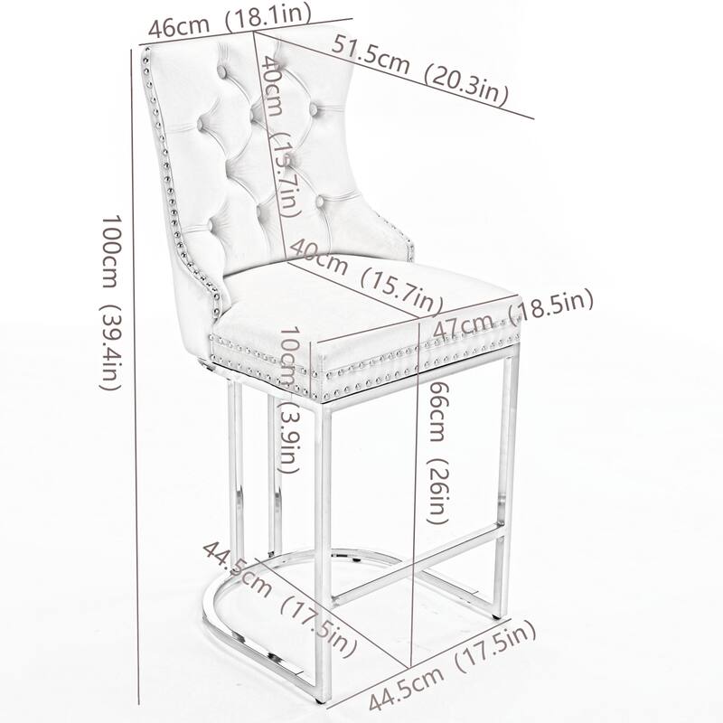 Roomfitters Velvet Counter Height Bar Stools Set of 2, Tufted Upholstered Bar Chairs with Nailhead Trim and Chrome Metal Base