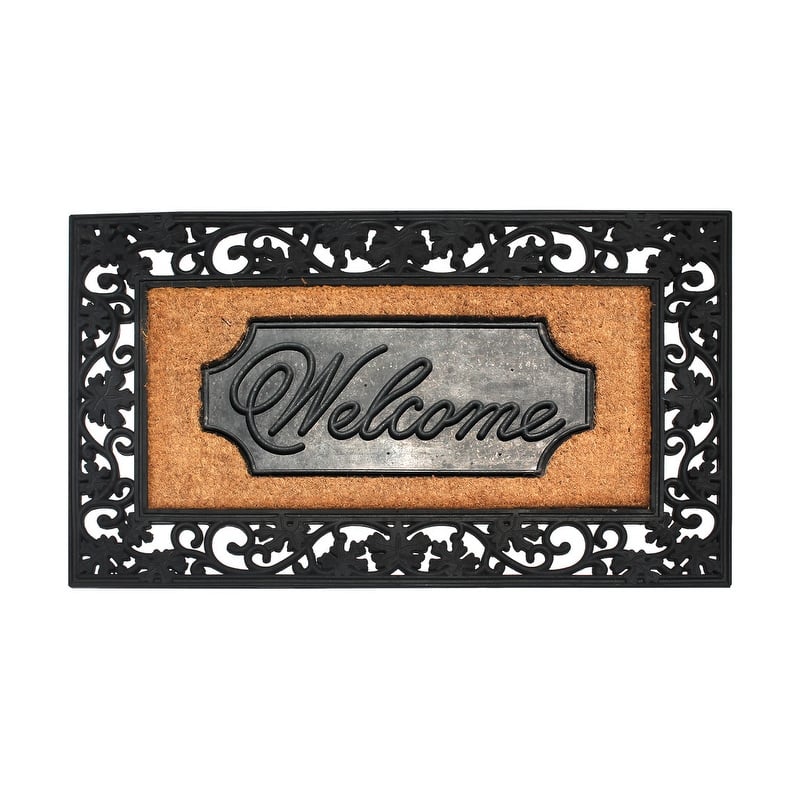 A1HC Rubber and Coir Door Mat Floral Border Dirt Trapper Heavy Weight Doormat -  23"X38" - Black/Beige