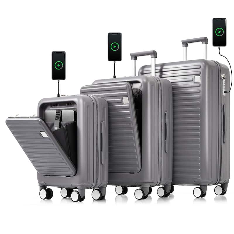 Luggage Set of 3, 20, 24, 28inch with USB Port, 20, 24inch with front opening design Airline Certified Carry on Luggage - Grey