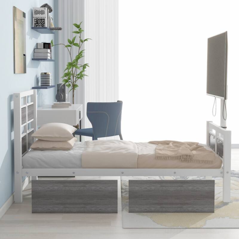 Twin Size Metal Platform Bed with MDF Headboard and Footboard,Two Storage Drawers and Rotatable TV Stand