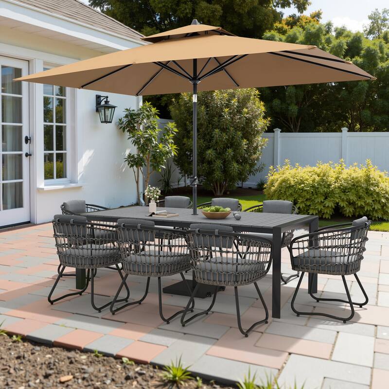 9/11-Piece Outdoor Dining Set Aluminum Table and Rattan Chairs w/10 ft Market Umbrella and Base