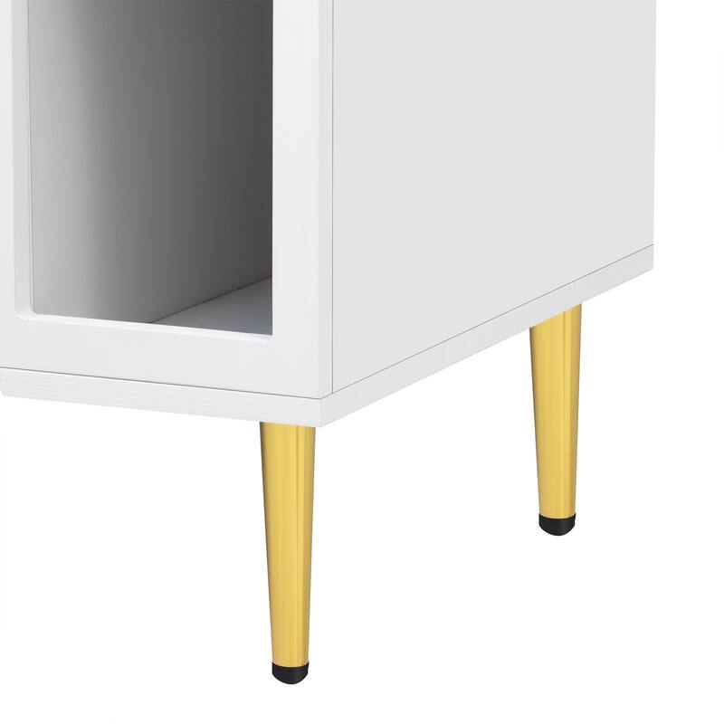 Modern TV Stand with Arched Shelves, Sliding Acrylic Door, Golden Metal Handles, and Ample Storage, Fits TVs up to 70 Inches.