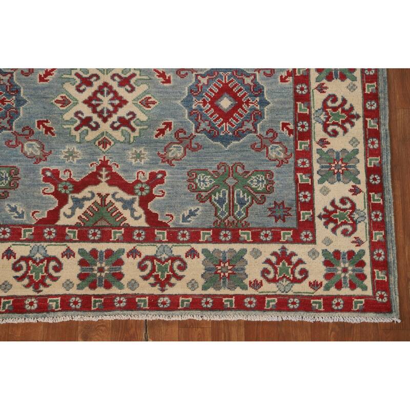 Blue Geometric Kazak Area Rug Hand-Knotted Wool Carpet - 4'11" x 6'4"