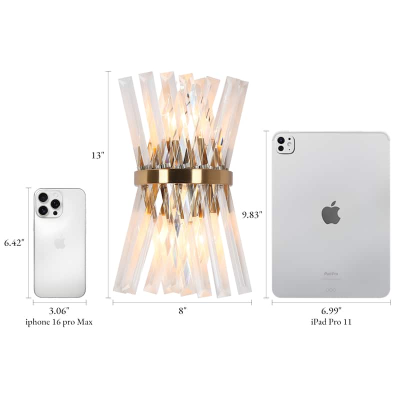 Modern Gold Crystal 2-Light Wall Sconces Glam Bathroom Vanity Lights - 8" W x 13" H x 4.5" D