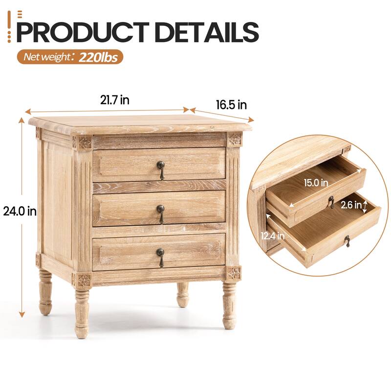 Accent Table Solid Wood Bedside Table Cabinet 3-drawer Oak Nightstand