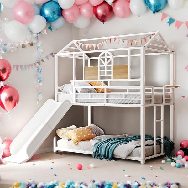 slide 2 of 13, Twin Over Twin Metal Bunk Bed ,Metal Housebed With Slide,3 Colors Available White