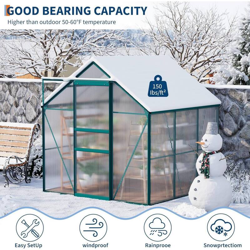 6 x 6 FT Winter Polycarbonate Greenhouse for Outdoors Gardening, Green