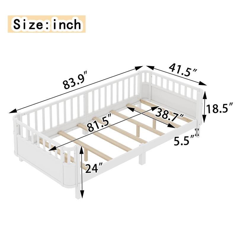 Multi Size Low Platform Bed for Kids with Rounded Corners Guardrails, Detachable Right-side Fence and Open Left-side Design