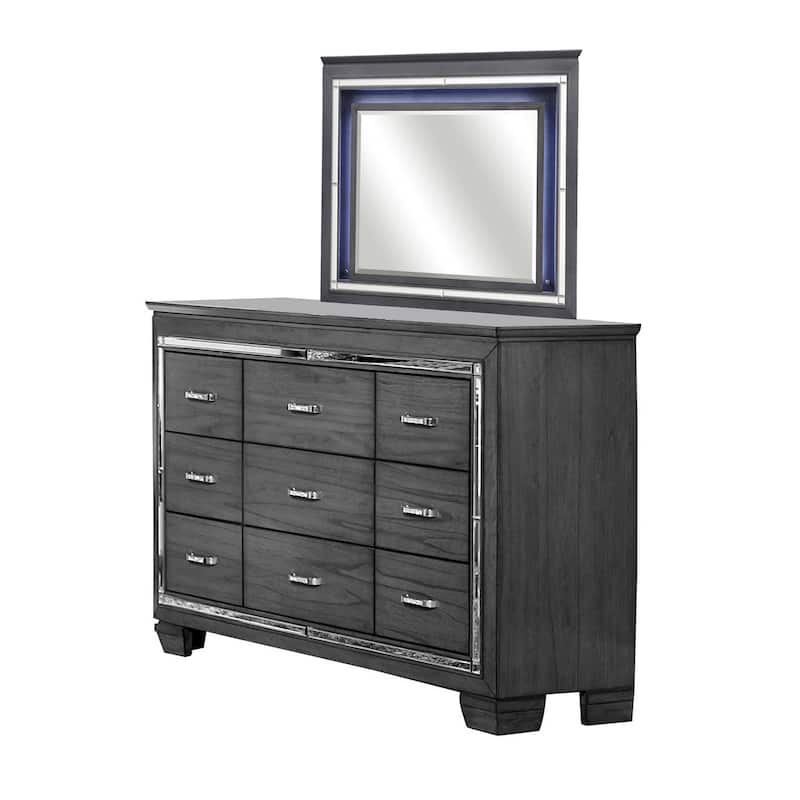 Alen 4 Pc Queen Size Bedroom Set, Button Tufting, Mirror Trim, Gray