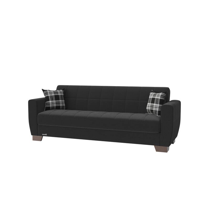 HomeRoots 84" Black Chenille Convertible Futon Sleeper Sofa And Toss Pillows With Storage