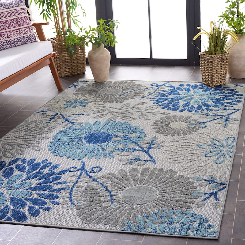 SAFAVIEH Cabana Hillechien Indoor/ Outdoor Waterproof Patio Floral Rug - 5'3" Square - Grey/Blue