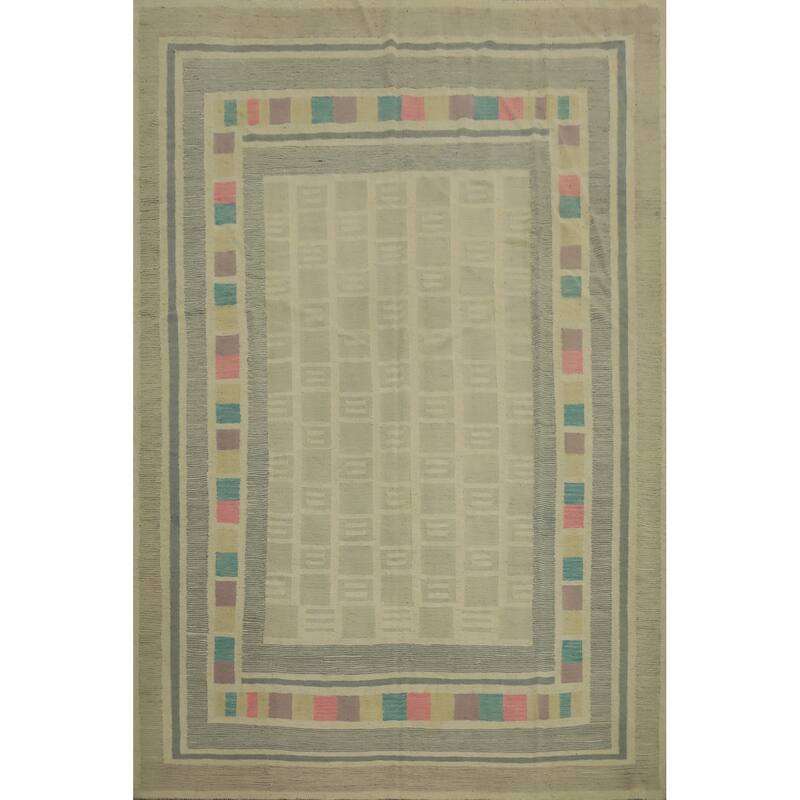 Hand Woven Oriental 100% Wool Carpet Southwestern Tribal Beige & Ivories Kilim Area Rug - 9' 9'' X 7' 10''