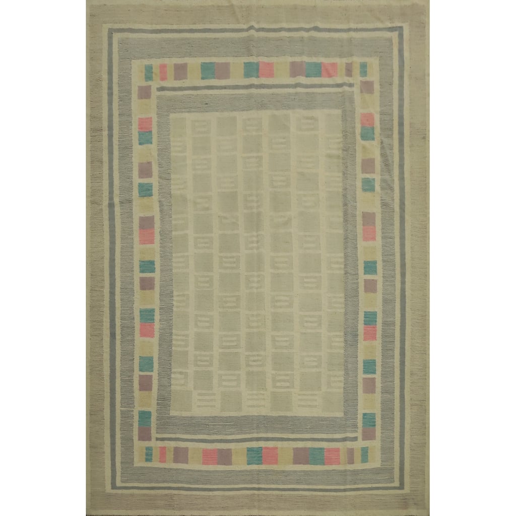 Hand Woven Oriental 100% Wool Carpet Southwestern Tribal Beige & Ivories Kilim Area Rug - 9' 9'' X 7' 10''