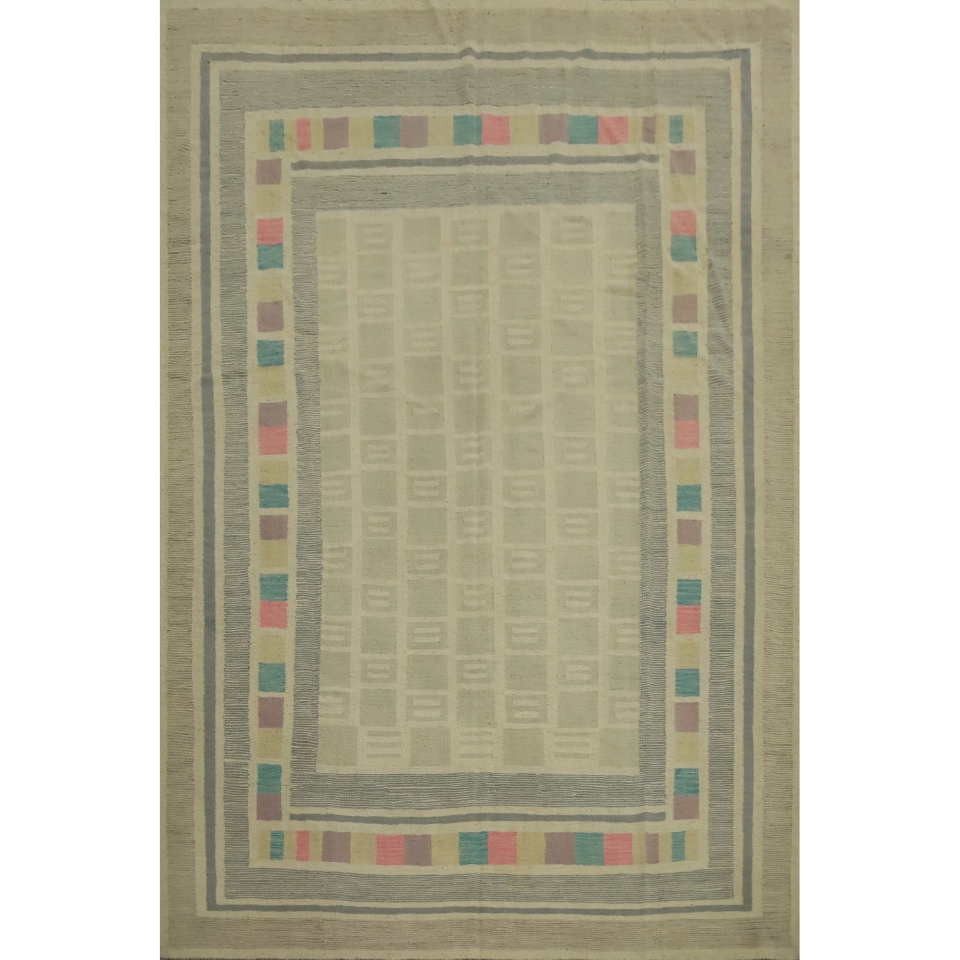 Hand Woven Oriental 100% Wool Carpet Southwestern Tribal Beige & Ivories Kilim Area Rug - 9' 9'' X 7' 10''