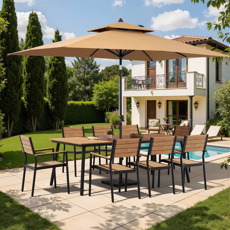 11-Piece Patio Dining Set w/10 ft Umbrella and Base, Rectangle Aluminum Table and 8 Stackable Chairs - Brown Table with Tan Umbrella