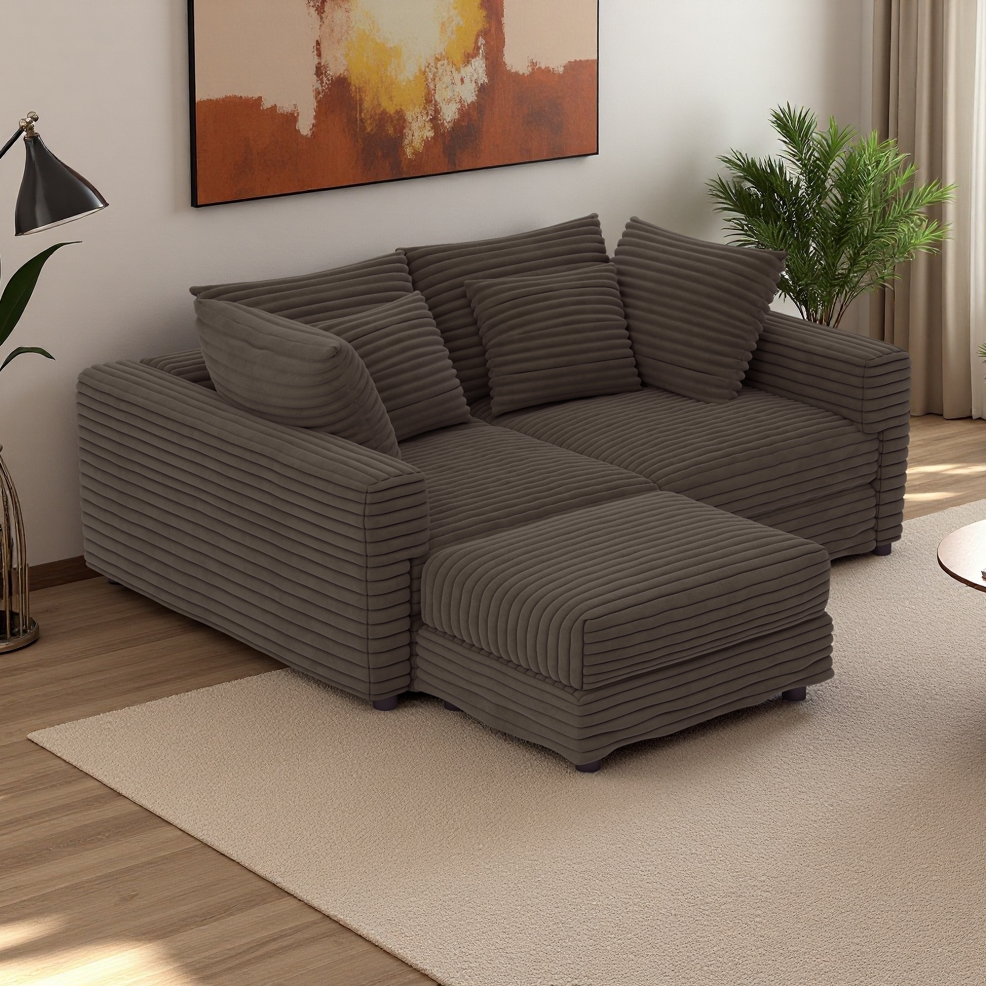 102.4" Plush Corduroy 4-Seater Cloud Sectional Sofa with Movable Ottoman & Convertible Design