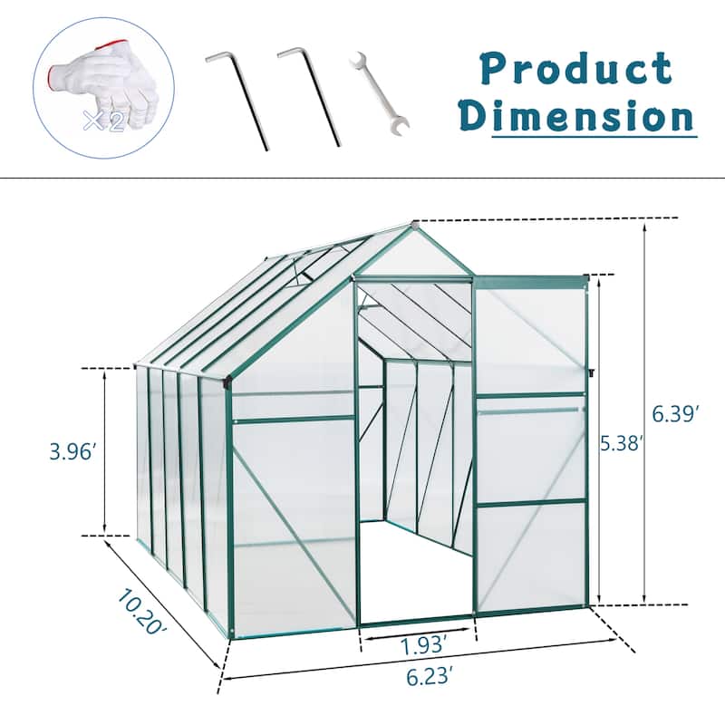 6X10FT Polycarbonate Greenhouse Raised Base and Anchor Aluminum Heavy Duty Walk-in Greenhouses for Outdoor Backyard - 10 x 10