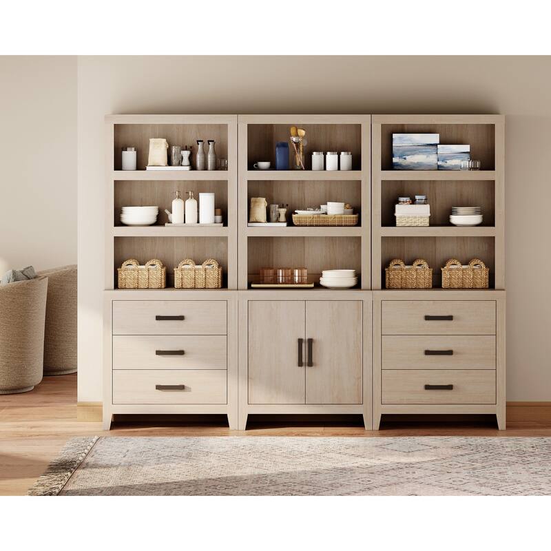 WAMPAT 74" 3-Piece Bookcase, Farmhouse Storage with Doors & Drawers