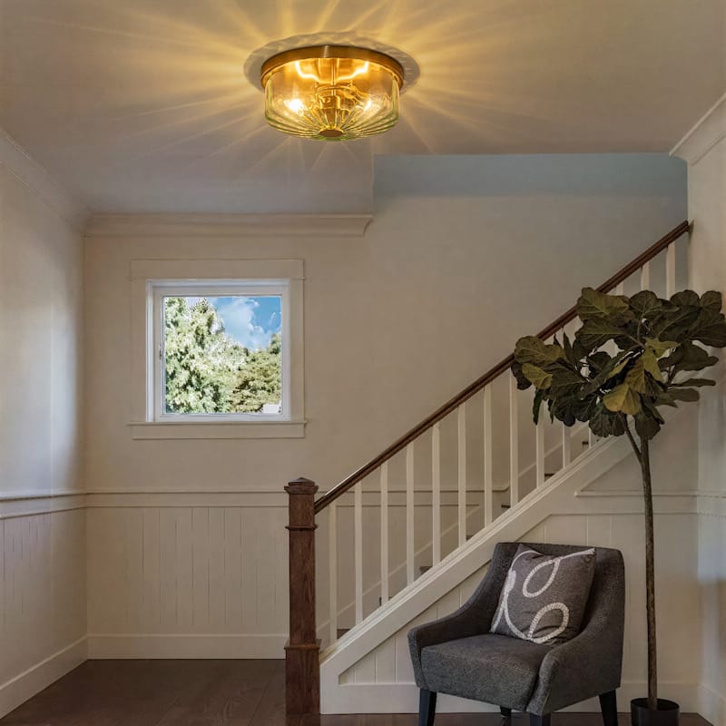 Industrial 2-Light Flush Mount Ceiling Light with Ribbed Glass Shape - 11.8-in W x 5.12-in H