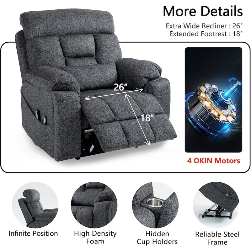 Luxury Electric Lift Recliner with Heat, Massage, 180° Recline, 4 OKIN Motors, Dual Remotes, and Cup Holders.