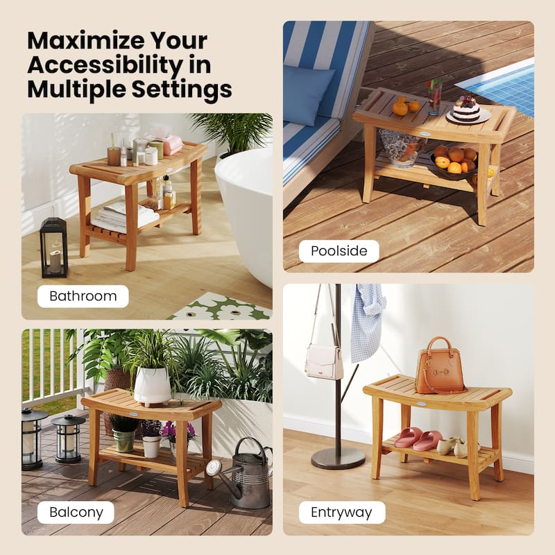 Gymax 30'' Large Teak Shower Stool w/ Storage Shelf Non-slip &