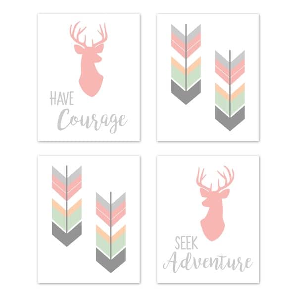 slide 2 of 6, Sweet Jojo Designs Coral Mint Grey Woodland Deer Woodsy Collection Wall Decor Art Prints (Set of 4) - Adventure Courage