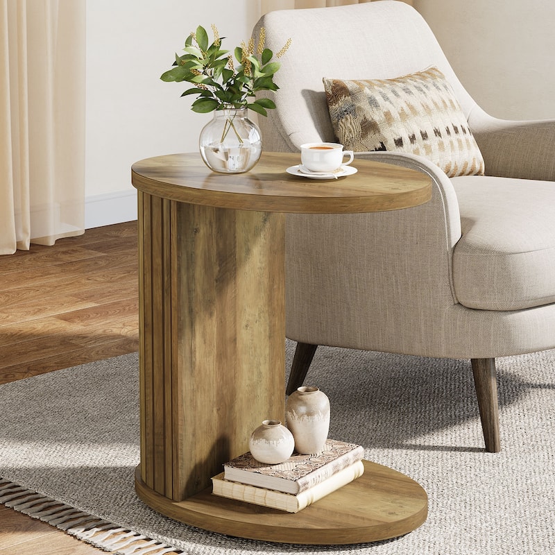 C-Shaped End Table for Couch, Fluted Sofa Side Table with Shelf - Brown