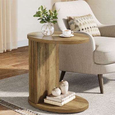 C-Shaped End Table for Couch, Fluted Sofa Side Table with Storage Shelf