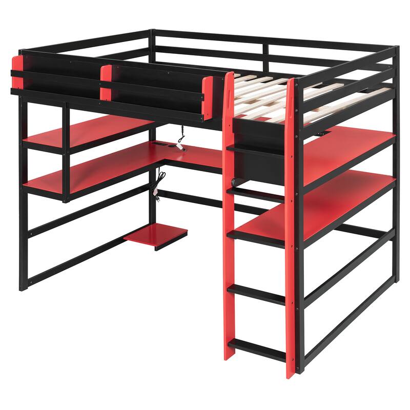 Loft Bed with Wraparound Study Hub, Side Storage Rack, USB Charging & RGB Light by Harper&Bright Designs