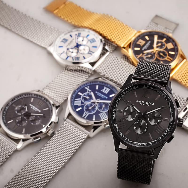 Akribos XXIV Men's Swiss Quartz Multifunction Dual Time Stainless Steel Black Bracelet Watch