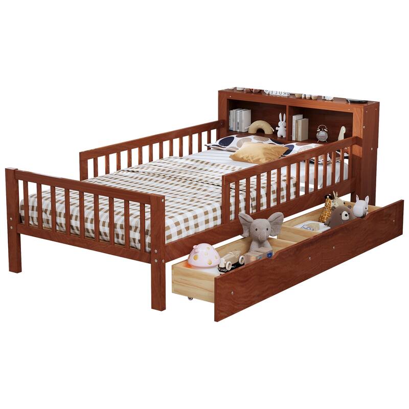 Twin Wood Storage Bed with 3-Side Guardrails, Underbed Drawers & Headboard Storage