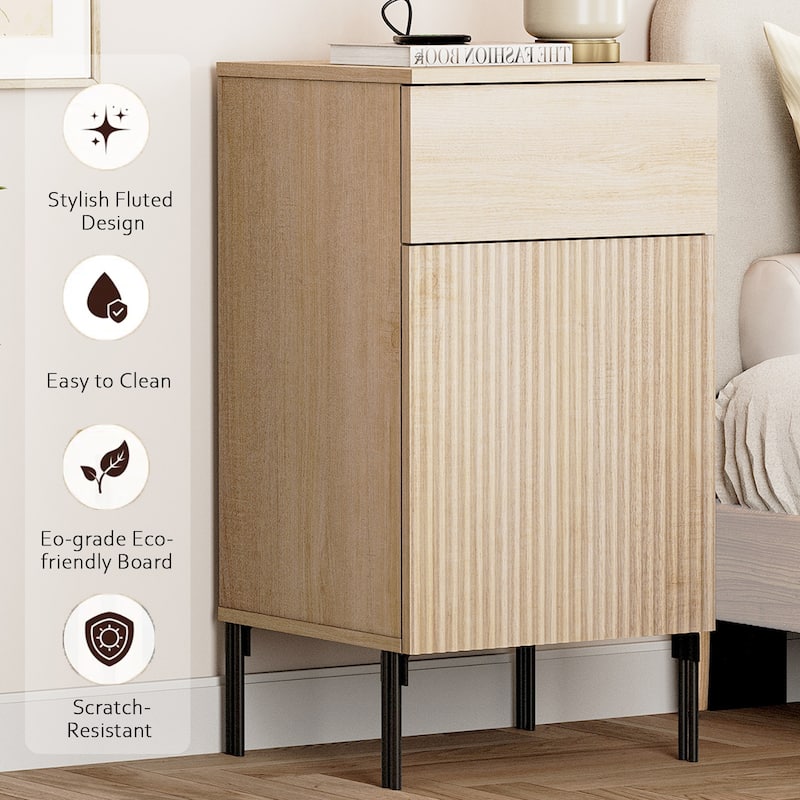Modern Minimalist Nightstand Set Of 2 With Built-In Outlets, Reed Pattern Design