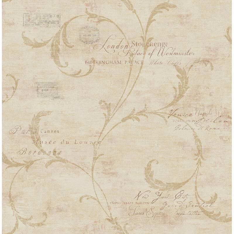 Seabrook Designs Carlyle Scroll and Stamps Unpasted Wallpaper - 20.5 in. W x 33 ft. L - Metallic Tan & Sand
